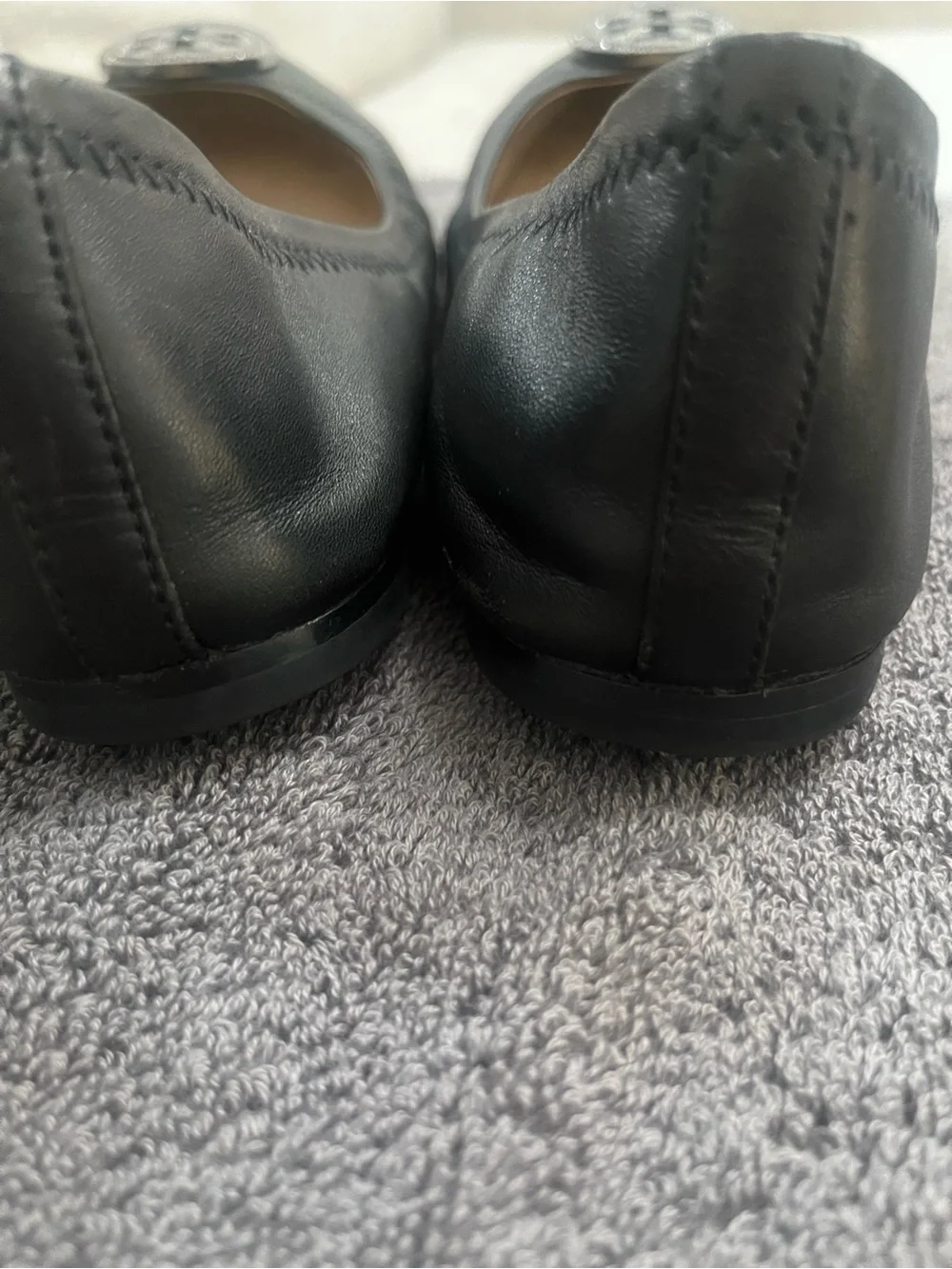 Tory Burch Black Leather Ballet Flats with Crystal Logo Medallions